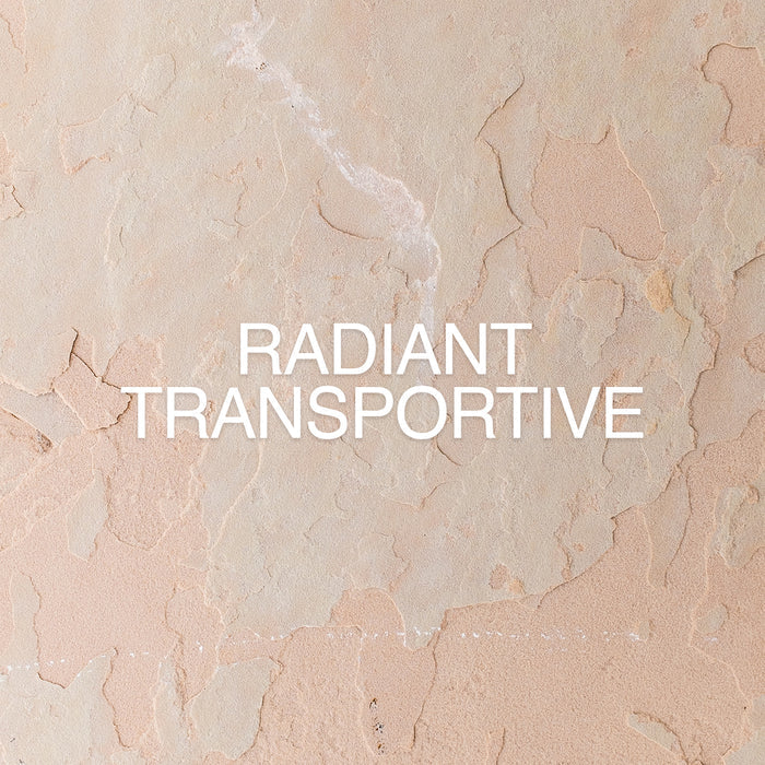 A textured, light colored surface with the words "Radiant Transportive" prominently displayed in white.