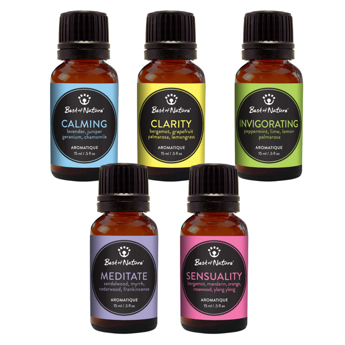 Best of Nature aromatique essential oil blends - calming, clarity, invigorating, meditate and sensuality