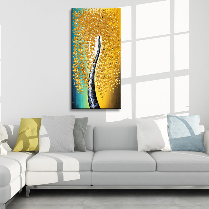 Handmade Oil Painting of Large Golden Vertical Flower on Stretched Canvas