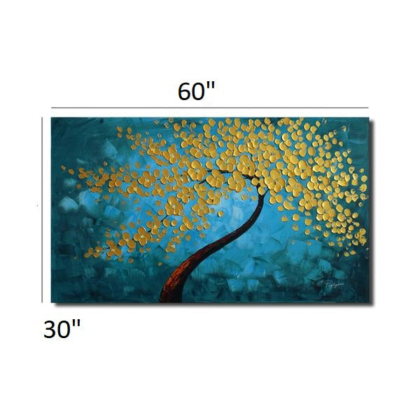 Huge Handmade Oil Painting of Golden Tree with Teal Background on Stretched Canvas