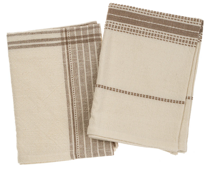 Two folded cotton tea towels with a striped pattern and hand embroidery accents, one in a taupe color and the other in a lighter shade, possibly beige or ecru.