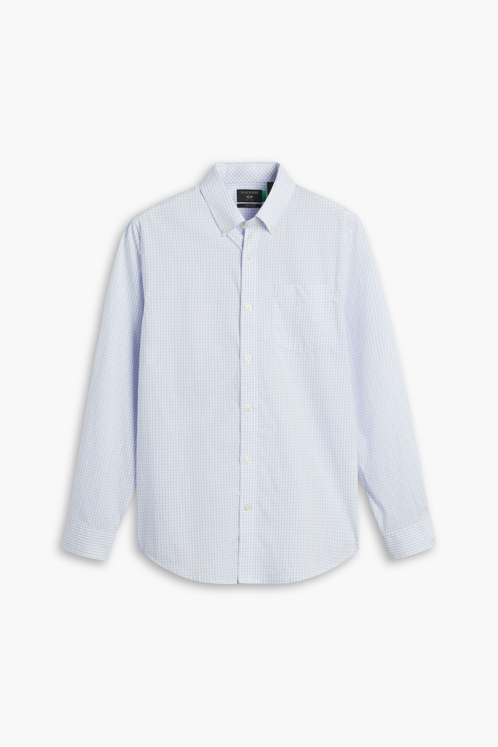 View of model wearing Lucent White Signature Stain Defender Shirt, Classic Fit.