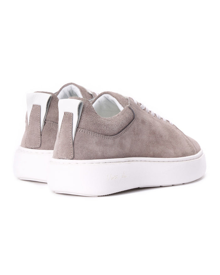 Martin Valen SOSi genuine leather casual sneakers in smoke grey, rear-side view showing white heel pull tab and thick white sole