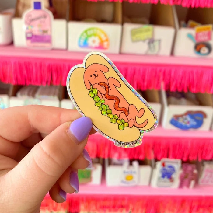 The Peach Fuzz Hot Doggy Dog Glitter Vinyl Sticker