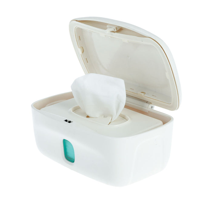 The Nuby Wipe Dispenser is a white baby wipe holder with a teal button. An open lid reveals a single wipe ready to use. Its weighted plate design allows easy, one-handed access during diaper changes.