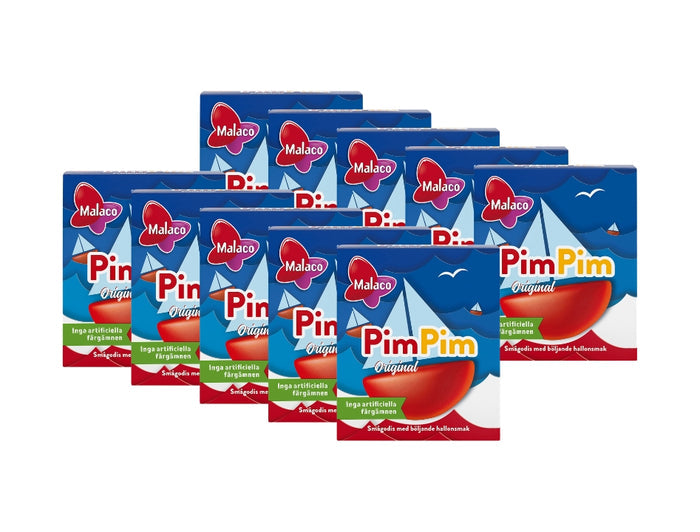 10 x Malaco PimPim Original Tablettask 20g – ten blue and red candy boxes arranged in two rows showing sailing boat illustration and Malaco logo, Swedish raspberry-flavored chewy candy boats, no artificial colors, 200g total