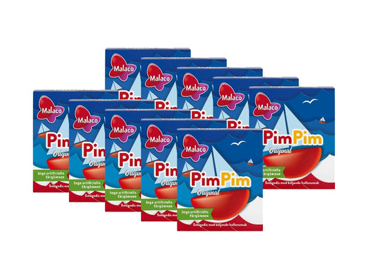 10 x Malaco PimPim Original Tablettask 20g – ten blue and red candy boxes arranged in two rows showing sailing boat illustration and Malaco logo, Swedish raspberry-flavored chewy candy boats, no artificial colors, 200g total