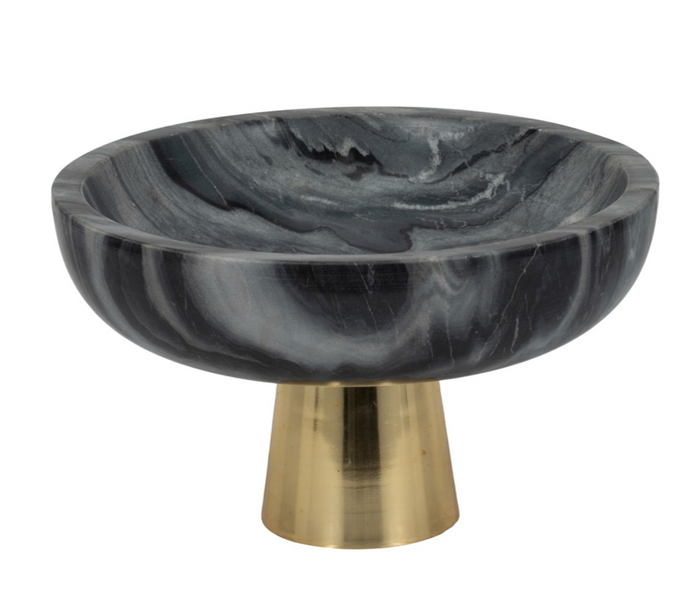 A round gray marble bowl on a gold-colored pedestal base.