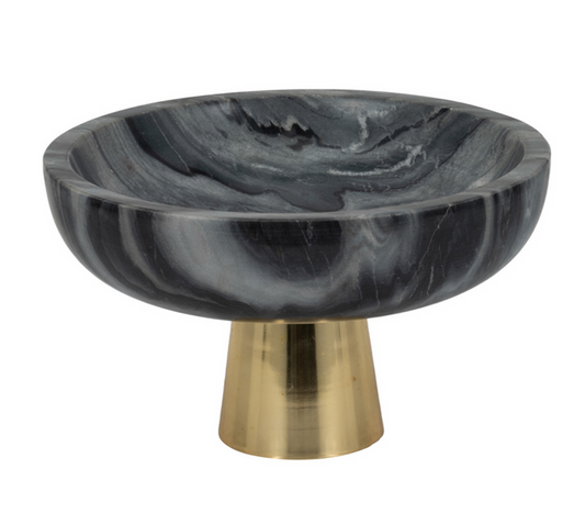 A round gray marble bowl on a gold-colored pedestal base.