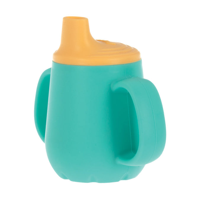 The 2-Handle First Training Cup | Aqua is a toddler cup with two large handles and a yellow spill-proof lid, designed for easy gripping by small hands.