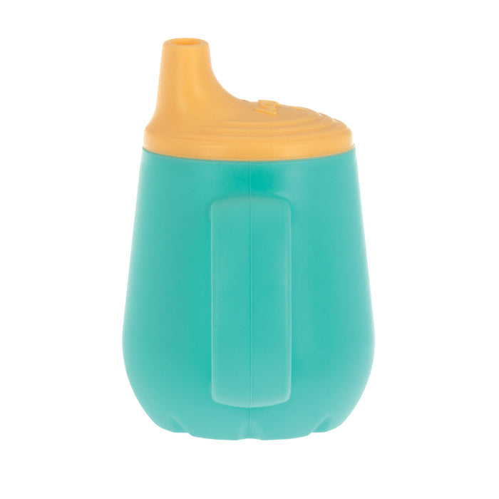 The 2-Handle First Training Cup | Aqua is a teal plastic cup with a yellow lid, free-flow spout, and dual handles, designed to help young children drink easily and prevent spills.
