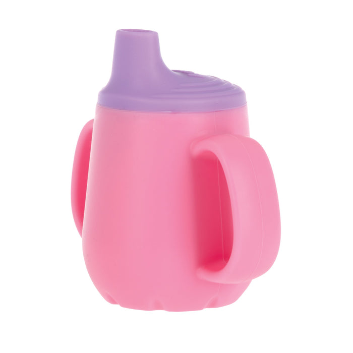 The Nuby US 2-Handle First Training Cup in pink features a purple free-flow spout lid and is designed for young children.