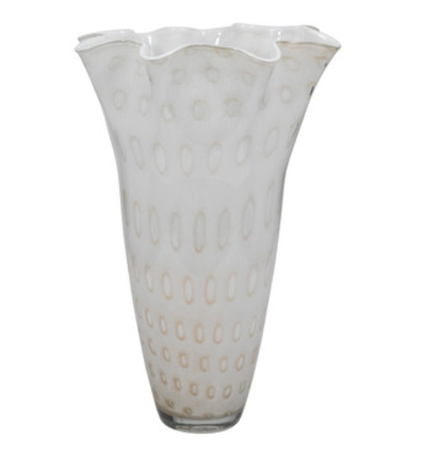 Ivory glass bouquet vase with light brown/grey pattern throughout on a white background.