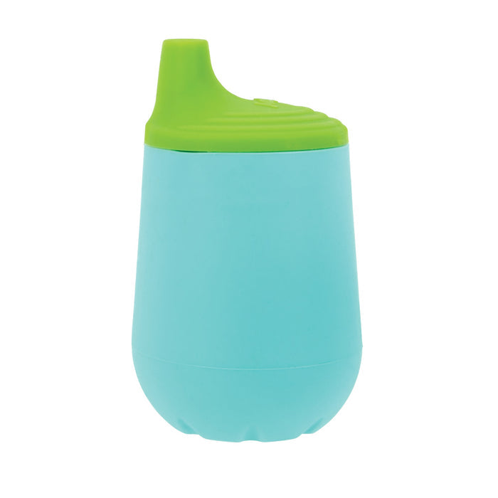 The 3-Stage Training Cup Set in Aqua features a silicone sippy cup with a green lid and spout, designed to help young children drink easily and prevent spills.