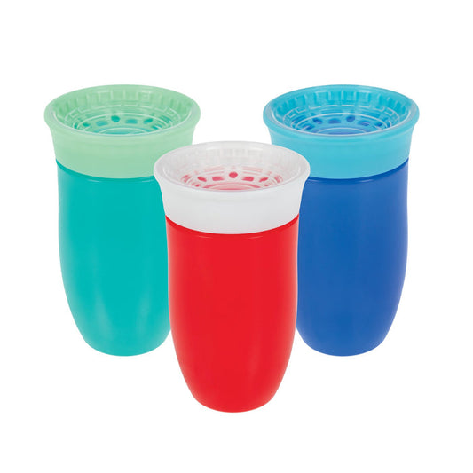 Three Nuby 360 Wonder Cups (10 oz, 3 Pack—Blue/Red/Aqua) with leak-resistant, spoutless valve lids stand side by side, each showing off vibrant rims that match or contrast their cup’s color.