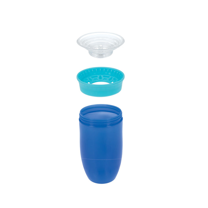The Nuby 360 Wonder Cup (3 Pack - 10 oz) in Blue is shown exploded vertically with a teal filter and clear lid, highlighting its spoutless, leak-resistant design against a white background.
