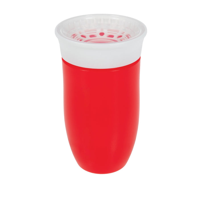 The Nuby 360 Wonder Cup (3 Pack - 10 oz) in Blue/Red/Aqua is a spoutless, leak-resistant training cup with a white detachable lid featuring a circular grid pattern, perfect for kids learning to drink independently.