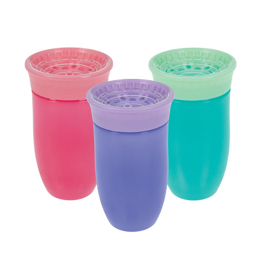 The 360 Wonder Cup (3 Pack - 10 oz) in Purple, Pink, and Aqua features spill-proof, spoutless lids that match or contrast with the colorful cups. Leak-resistant design makes these cups perfect for kids transitioning to regular drinking.