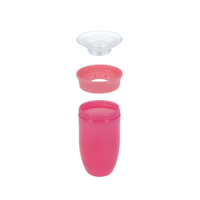 An image displays the three parts of the 360 Wonder Cup (3 Pack - 10 oz) in Pink: a clear lid on top, a pink strainer in the middle, and the main spoutless cup at the bottom, all vertically aligned and separated.