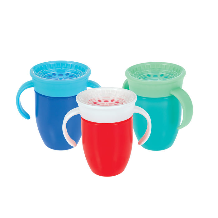 Nuby’s 360 Wonder Cup with Handles (3 Pack - 5 oz) in Blue, Red, and Aqua features spill-proof, spoutless lids and easy-grip handles for toddlers.