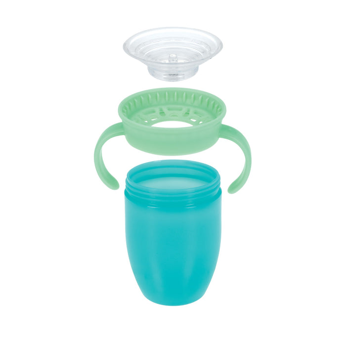 The Nuby 360 Wonder Cup with Handles (5 oz, Blue) is shown disassembled, featuring two green handles, a green lid, and a clear silicone valve—each spoutless cup part floats above the other.
