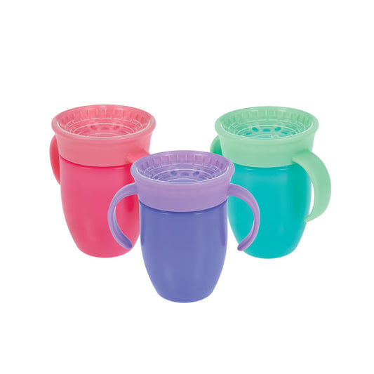 The Nuby 360 Wonder Cup with Handles (3 Pack - 5 oz) in Purple, Pink, and Aqua features leak-resistant lids and two side handles for easy gripping—perfect for toddlers.
