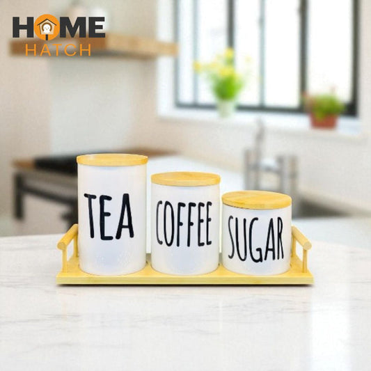 3pcs Tea Coffee & Sugar Jars With Wooden Tray