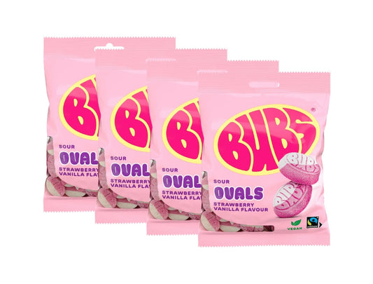 4 x BUBS Strawberry Vanilla Ovals 90g bags – Swedish sour foam candy with strawberry and vanilla flavour, vegan and gelatin-free