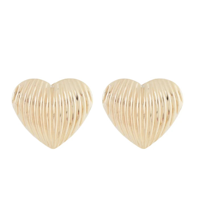 4cm Ribbed Heart Statement Stud Earrings (Dual Tone