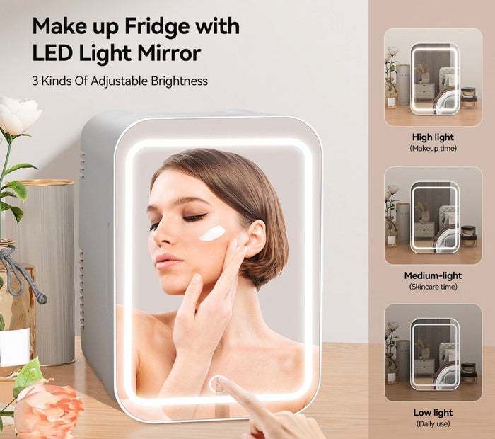 4L White Mini Fridge LED Light Mirror Portable Cooler&Warmer Skincare Makeup