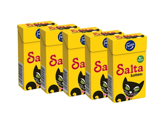 5 x Fazer Salta Katten Tablettask 38g – five yellow candy boxes with black cat illustration and Fazer logo, vegan salmiak and salty licorice pastilles from Finland, 190g total