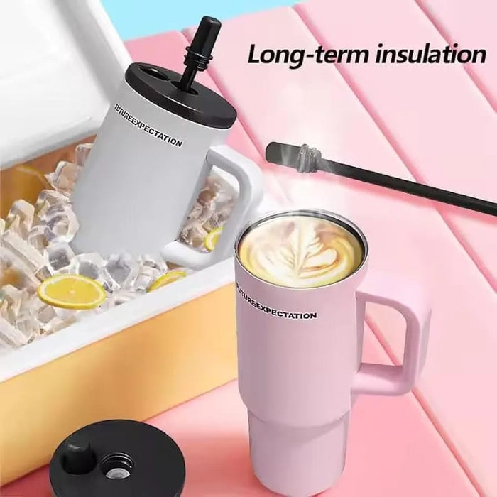 710ml Stainless Steel Insulated Travel Tumbler with Handle & Straw Lid |  Hot & Cold Drink