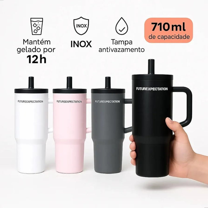 710ml Stainless Steel Insulated Travel Tumbler with Handle & Straw Lid |  Hot & Cold Drink