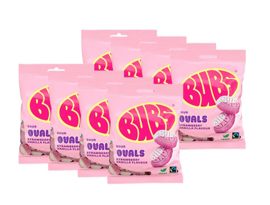 8 x BUBS Strawberry Vanilla Ovals 90g bags – Swedish sour foam candy with strawberry and vanilla flavour, vegan and gelatin-free