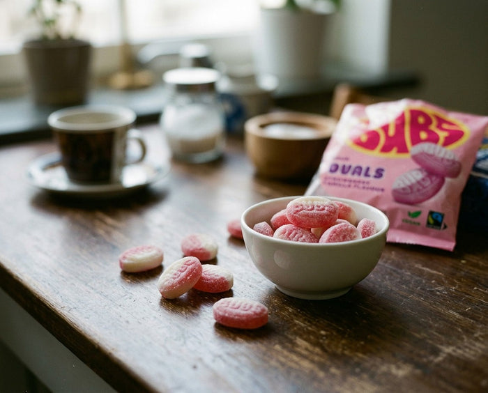 BUBS Strawberry Vanilla Ovals sour foam candy pieces in a bowl next to the pink BUBS bag on a wooden table