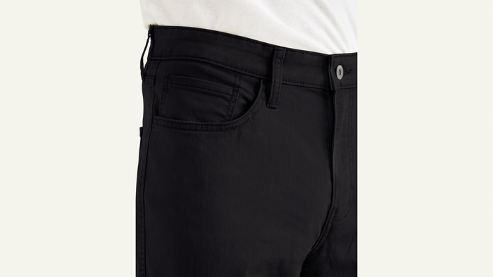 View of model wearing Black Jean Cut Pants, Straight Fit.