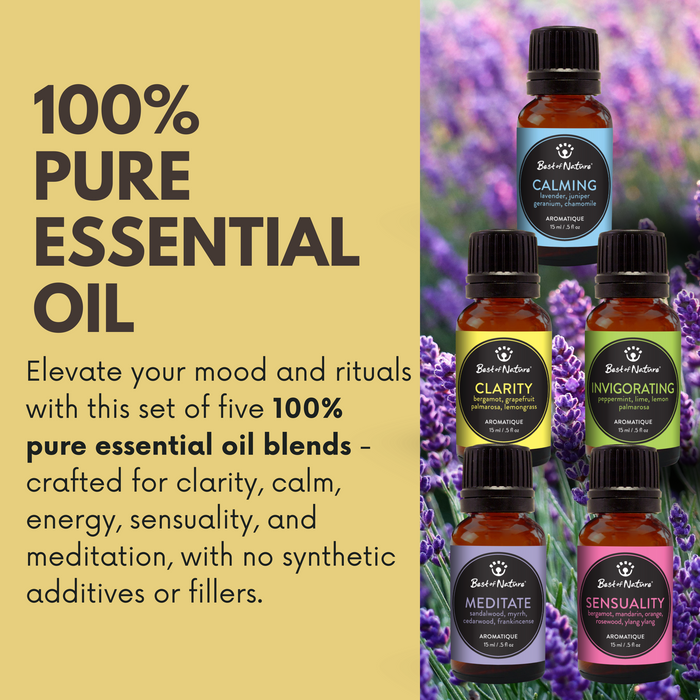 Set of five essential oil bottles with labels on a lavender background