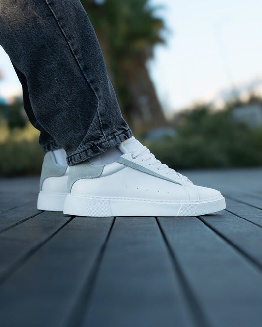 Martin Valen Axino men's casual white sneakers, low side view showing gray suede heel and gray trim