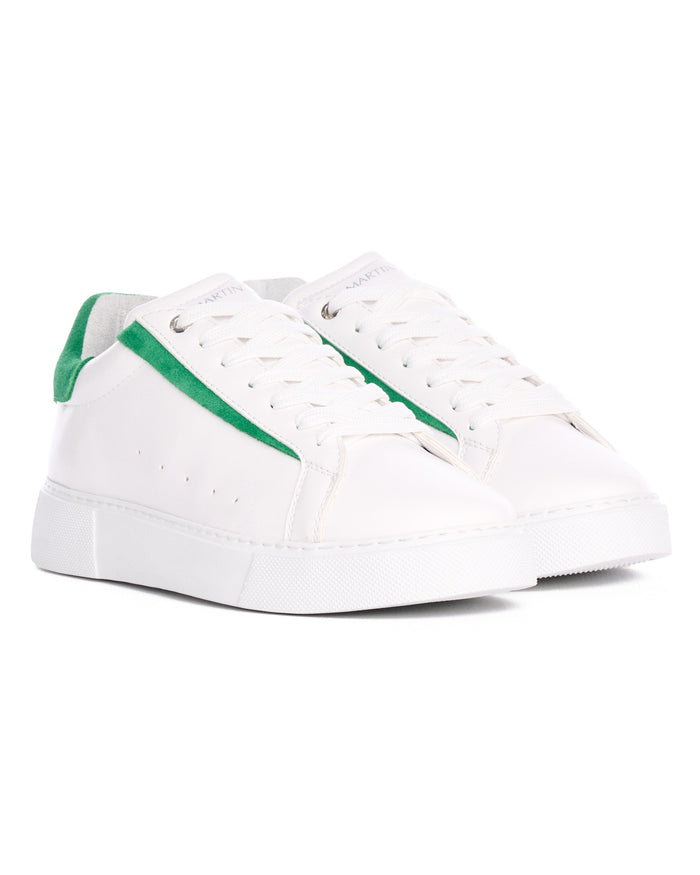 Martin Valen Axino men's white sneakers three-quarter front view with laces and green side stripe visible