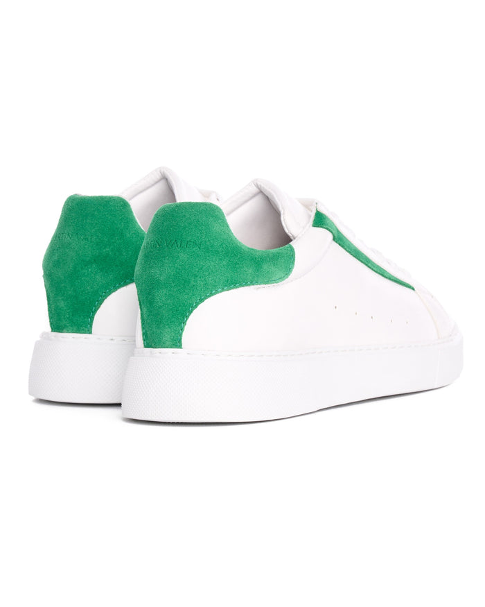 Martin Valen Axino white sneakers close-up of green suede heel counter, top-down rear view