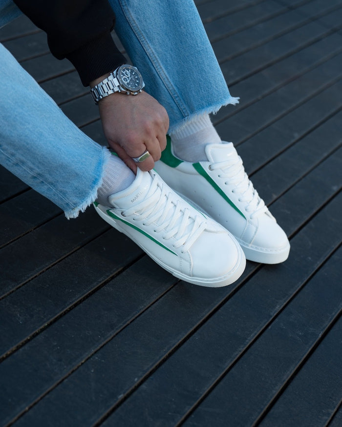 Martin Valen Axino men's white casual sneakers top view with green heel detail and laces