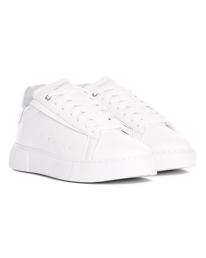 Martin Valen Axino men's casual white sneakers, close front three-quarter view showing lace detail on white background