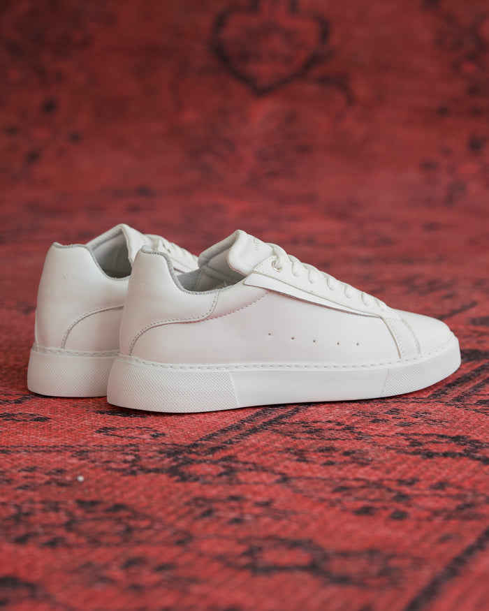 Martin Valen Axino men's casual white sneakers shown rear-side on a red patterned rug, low-top profile with stitched heel tab