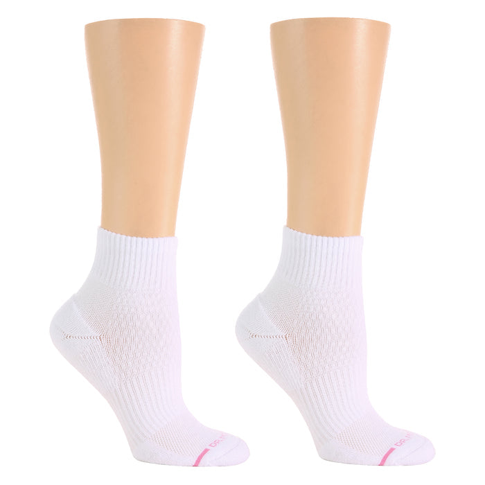 White quarter compression socks with ribbed cuffs, displayed on mannequin legs.