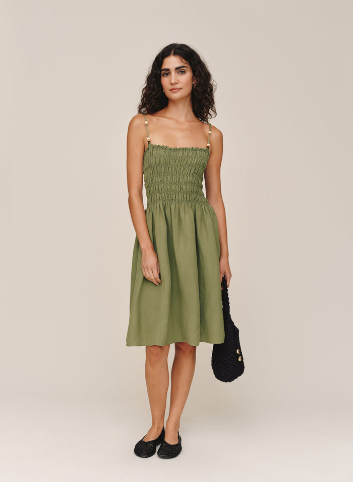 B60015-W94-302 - SMOCKED DRESS WITH BEADED STRAPS