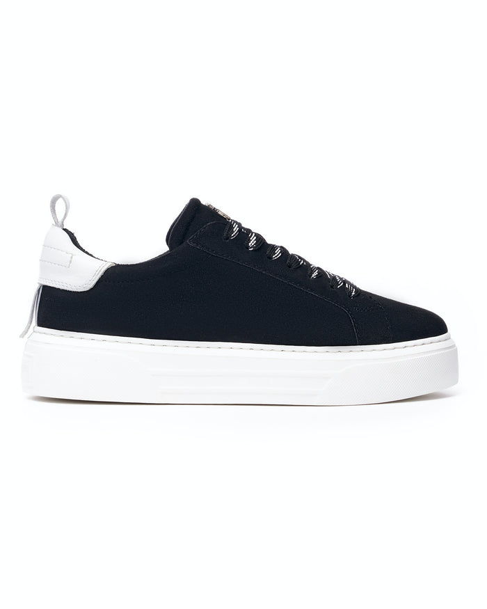 Martin Valen Bobe suede belted sneakers in black and white, side close-up showing chunky platform sole and white heel tab