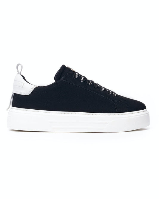 Martin Valen Bobe suede belted sneakers in black and white, side close-up showing chunky platform sole and white heel tab