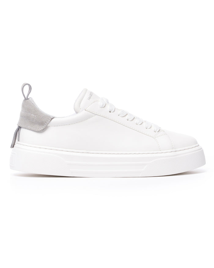 Martin Valen Bobe white-grey sneaker side profile on white background showing grey suede heel pull tab and thick platform sole