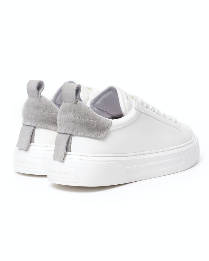 Martin Valen Bobe suede-belted low-top sneakers in white with grey suede heel tabs, rear close-up