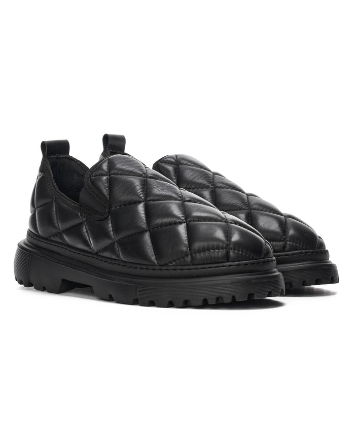 Martin Valen Bold Capitone black shoes, rear close-up of both shoes showing heel pull tabs and quilted texture.